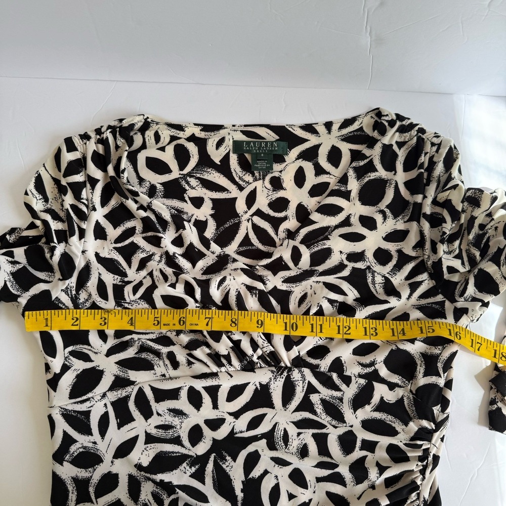Ralph Lauren Dress Size 6‎ Black White 3/4 Sleeve V-Neck Ruched Faux Wrap Sheath - Picture 9 of 9